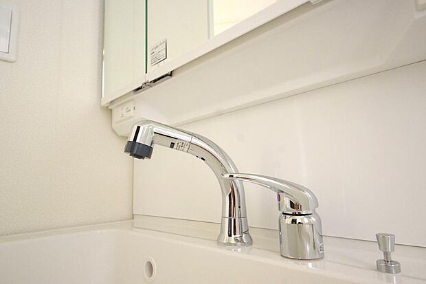 洗面台の給水口はホースが伸びるので朝シャン出来ます。シングルレバーでお湯の温度も楽々調整出来ます。