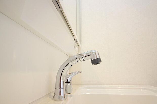 洗面台の給水口はホースが伸びるので朝シャン出来ます。シングルレバーでお湯の温度も楽々調整出来ます。