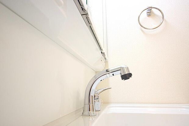 洗面台の給水口はホースが伸びるので朝シャン出来ます。シングルレバーでお湯の温度も楽々調整出来ます。