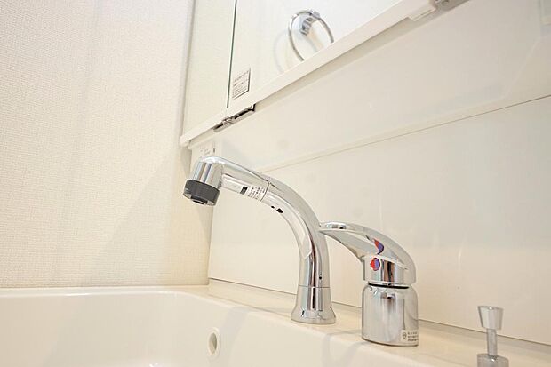 洗面台の給水口はホースが伸びるので朝シャン出来ます。シングルレバーでお湯の温度も楽々調整出来ます。