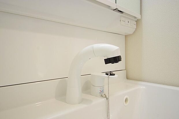 洗面台の給水口はホースが伸びるので朝シャン出来ます。シングルレバーでお湯の温度も楽々調整出来ます。
