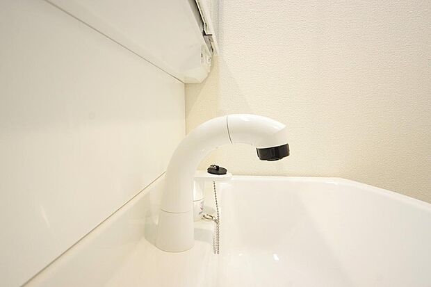 洗面台の給水口はホースが伸びるので朝シャン出来ます。シングルレバーでお湯の温度も楽々調整出来ます。