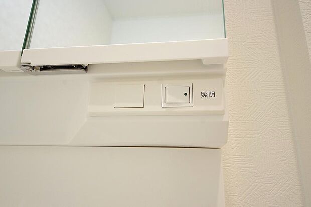 洗面台には、照明 コンセント くもり止めの3点が標準装備されております。