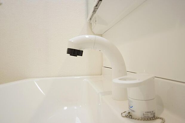 洗面台の給水口はホースが伸びるので朝シャン出来ます。シングルレバーでお湯の温度も楽々調整出来ます。