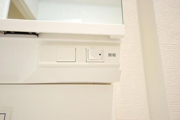 洗面台には、照明 コンセント くもり止めの3点が標準装備されております。