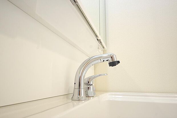 洗面台の給水口はホースが伸びるので朝シャン出来ます。シングルレバーでお湯の温度も楽々調整出来ます。