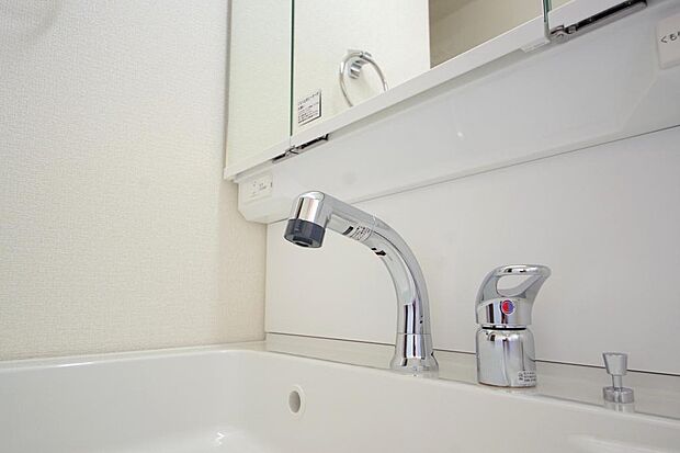 洗面台の給水口はホースが伸びるので朝シャン出来ます。シングルレバーでお湯の温度も楽々調整出来ます。
