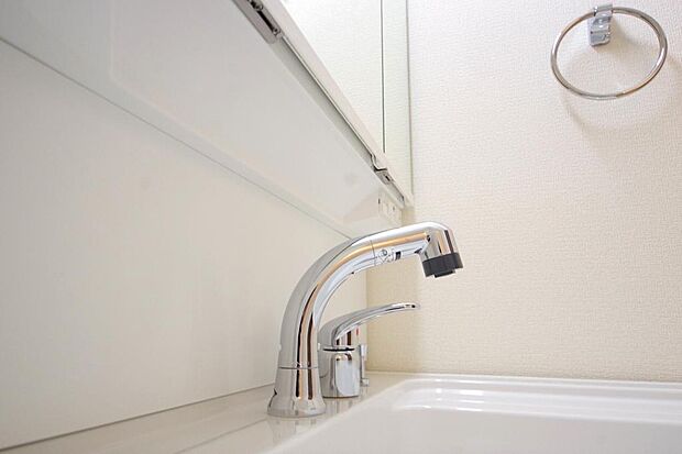 洗面台の給水口はホースが伸びるので朝シャン出来ます。シングルレバーでお湯の温度も楽々調整出来ます。