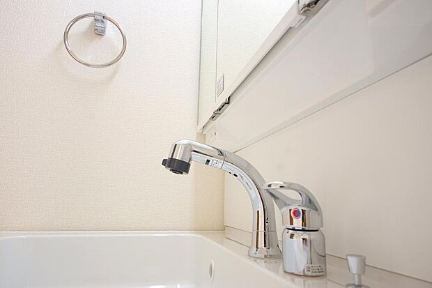 洗面台の給水口はホースが伸びるので朝シャン出来ます。シングルレバーでお湯の温度も楽々調整出来ます。