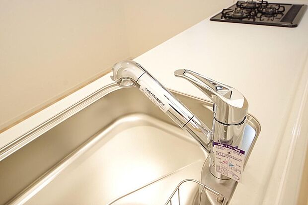 キッチンの水栓はホースが伸びますので、大きな鍋も楽に洗う事が出来ます。また、浄水器もビルトインです。