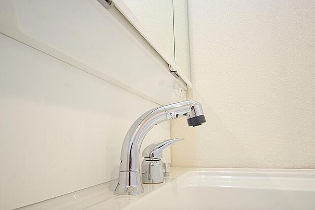洗面台の給水口はホースが伸びるので朝シャン出来ます。シングルレバーでお湯の温度も楽々調整出来ます。
