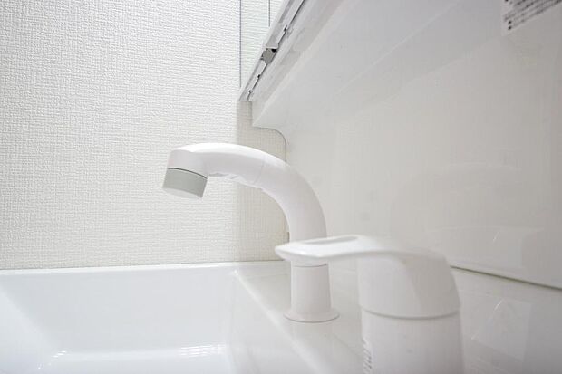 洗面台の給水口はホースが伸びるので朝シャン出来ます。シングルレバーでお湯の温度も楽々調整出来ます。