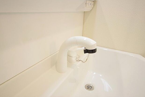 洗面台の給水口はホースが伸びるので朝シャン出来ます。シングルレバーでお湯の温度も楽々調整出来ます。