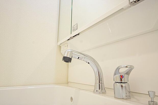 洗面台の給水口はホースが伸びるので朝シャン出来ます。シングルレバーでお湯の温度も楽々調整出来ます。