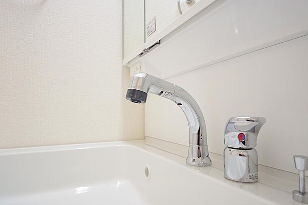洗面台の給水口はホースが伸びるので朝シャン出来ます。シングルレバーでお湯の温度も楽々調整出来ます。