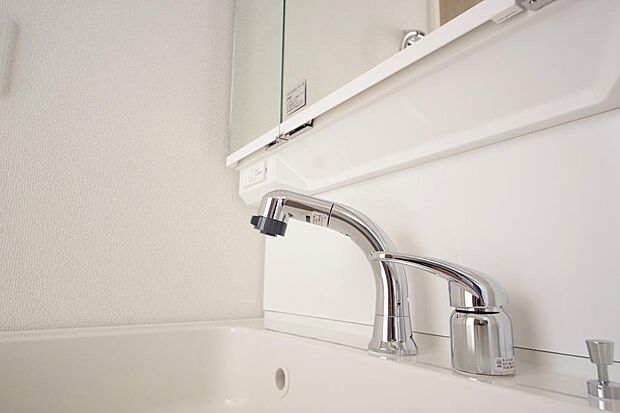 洗面台の給水口はホースが伸びるので朝シャン出来ます。シングルレバーでお湯の温度も楽々調整出来ます。