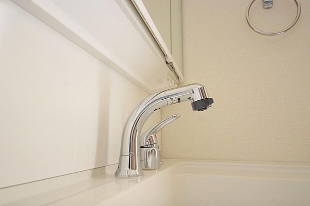 洗面台の給水口はホースが伸びるので朝シャン出来ます。シングルレバーでお湯の温度も楽々調整出来ます。