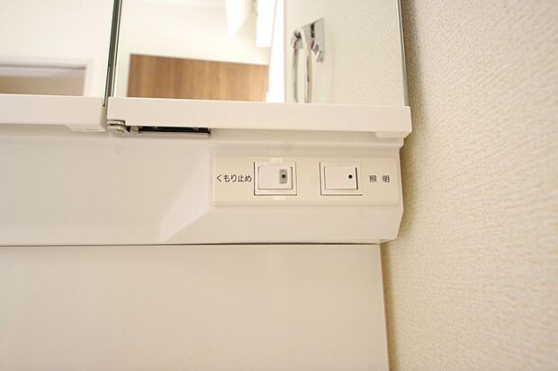 洗面台には、照明 コンセント くもり止めの3点が標準装備されております。