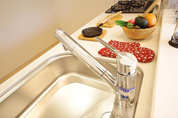 レバー操作一つで水量、温度も調節可能です。また、蛇口には浄水カートリッジも内蔵可能です。