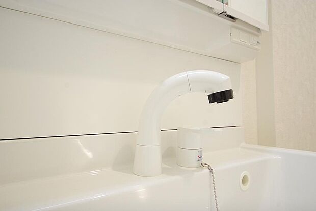 洗面台の給水口はホースが伸びるので朝シャン出来ます。シングルレバーでお湯の温度も楽々調整出来ます。