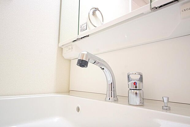 洗面台の給水口はホースが伸びるので朝シャン出来ます。シングルレバーでお湯の温度も楽々調整出来ます。