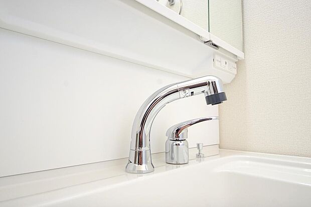 洗面台の給水口はホースが伸びるので朝シャン出来ます。シングルレバーでお湯の温度も楽々調整出来ます。