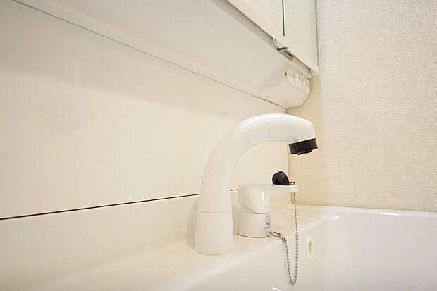 洗面台の給水口はホースが伸びるので朝シャン出来ます。シングルレバーでお湯の温度も楽々調整出来ます。