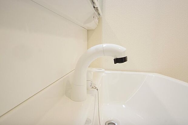 洗面台の給水口はホースが伸びるので朝シャン出来ます。シングルレバーでお湯の温度も楽々調整出来ます。