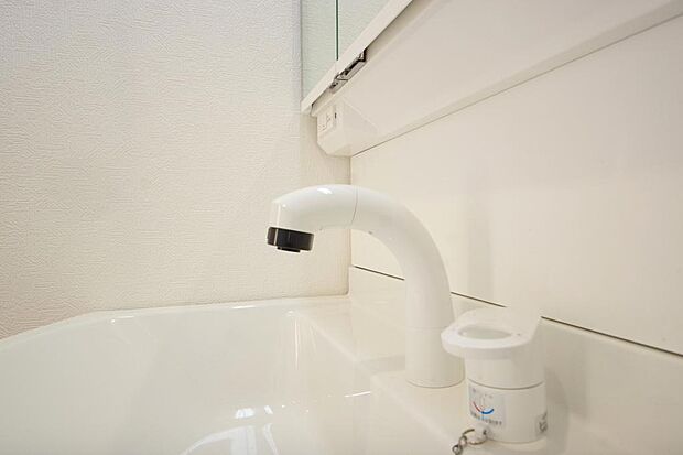洗面台の給水口はホースが伸びるので朝シャン出来ます。シングルレバーでお湯の温度も楽々調整出来ます。