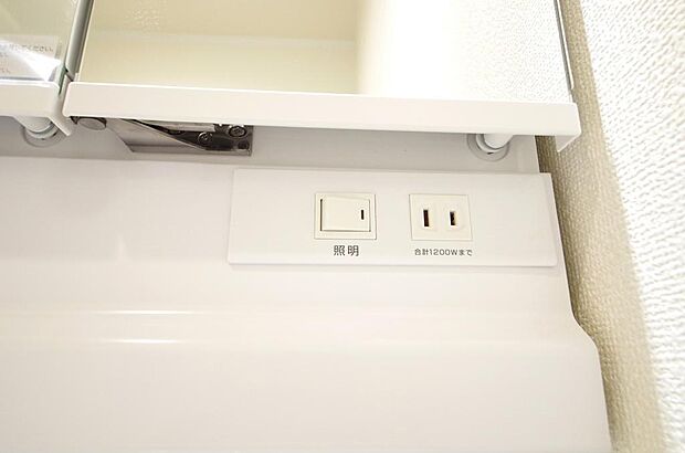 洗面台には、照明とコンセントが標準装備されております。コンセントの容量は1300Wまで大丈夫です。