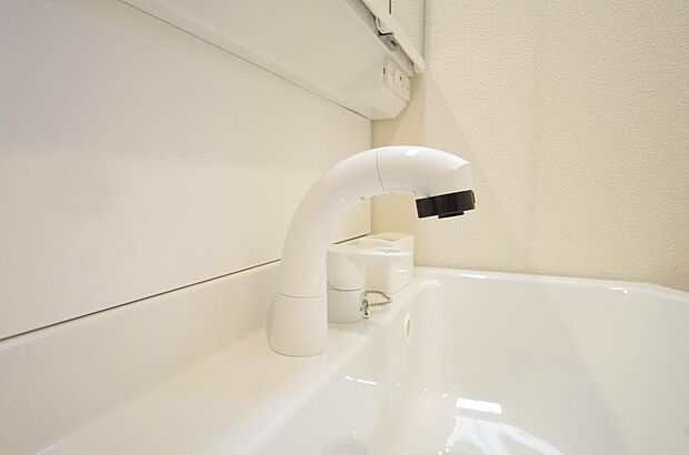 洗面台の給水口はホースが伸びるので朝シャン出来ます。シングルレバーでお湯の温度も楽々調整出来ます。