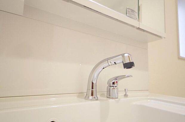 洗面台の給水口はホースが伸びるので朝シャン出来ます。シングルレバーでお湯の温度も楽々調整出来ます。