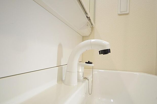 洗面台の給水口はホースが伸びるので朝シャン出来ます。シングルレバーでお湯の温度も楽々調整出来ます。