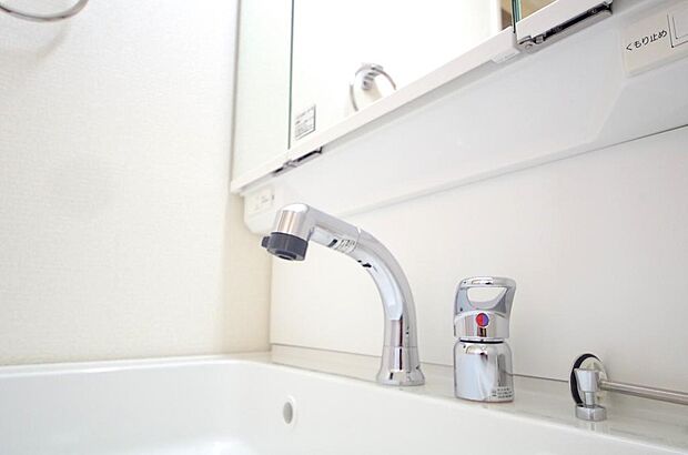 洗面台の給水口はホースが伸びるので朝シャン出来ます。シングルレバーでお湯の温度も楽々調整出来ます。