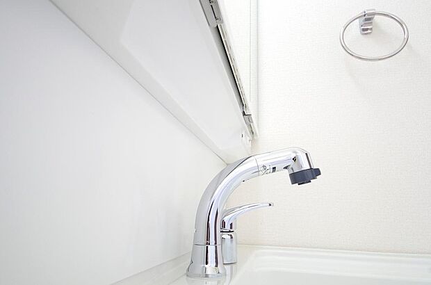洗面台の給水口はホースが伸びるので朝シャン出来ます。シングルレバーでお湯の温度も楽々調整出来ます。