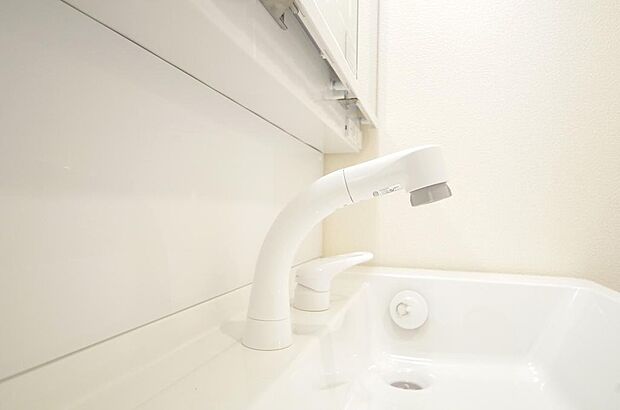 洗面台の給水口はホースが伸びるので朝シャン出来ます。シングルレバーでお湯の温度も楽々調整出来ます。