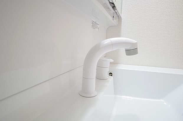 洗面台の給水口はホースが伸びるので朝シャン出来ます。シングルレバーでお湯の温度も楽々調整出来ます。