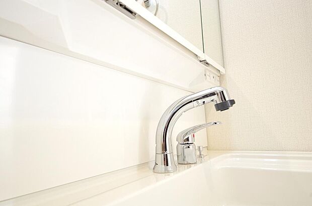 洗面台の給水口はホースが伸びるので朝シャン出来ます。シングルレバーでお湯の温度も楽々調整出来ます。