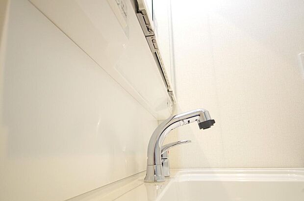 洗面台の給水口はホースが伸びるので朝シャン出来ます。シングルレバーでお湯の温度も楽々調整出来ます。