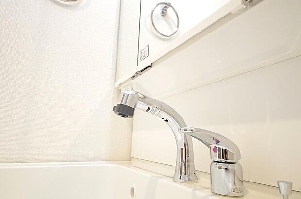 洗面台の給水口はホースが伸びるので朝シャン出来ます。シングルレバーでお湯の温度も楽々調整出来ます。