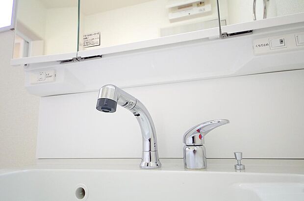 洗面台の給水口はホースが伸びるので朝シャン出来ます。シングルレバーでお湯の温度も楽々調整出来ます。