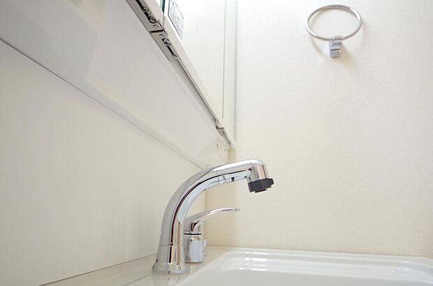 洗面台の給水口はホースが伸びるので朝シャン出来ます。シングルレバーでお湯の温度も楽々調整出来ます。