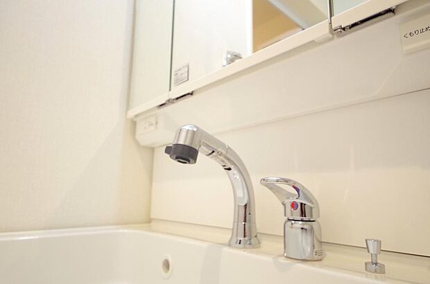 洗面台の給水口はホースが伸びるので朝シャン出来ます。シングルレバーでお湯の温度も楽々調整出来ます。