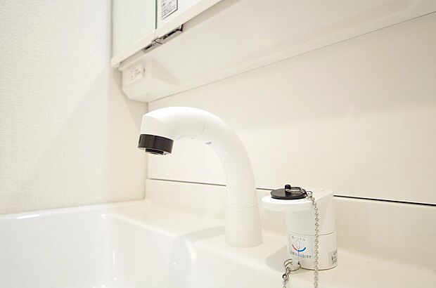 洗面台の給水口はホースが伸びるので朝シャン出来ます。シングルレバーでお湯の温度も楽々調整出来ます。