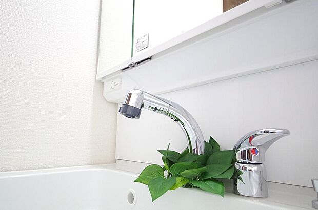洗面台の給水口はホースが伸びるので朝シャン出来ます。シングルレバーでお湯の温度も楽々調整出来ます。