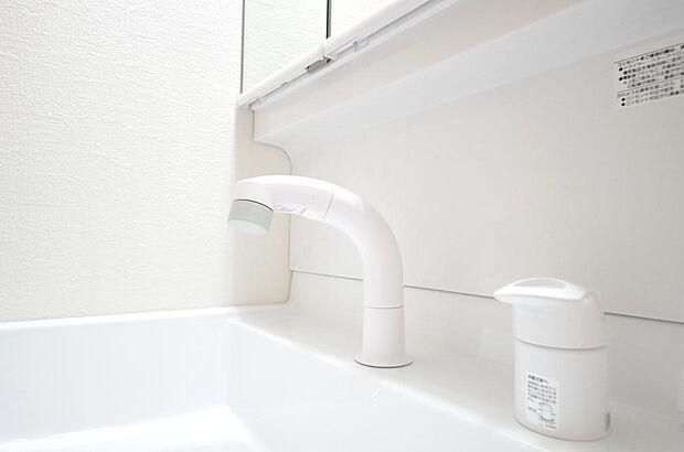 洗面台の給水口はホースが伸びるので朝シャン出来ます。シングルレバーでお湯の温度も楽々調整出来ます。