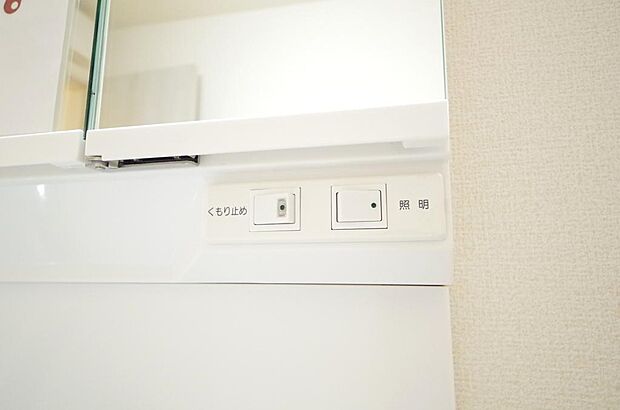 洗面台には、照明　コンセント　くもり止めの３点が標準装備されております。