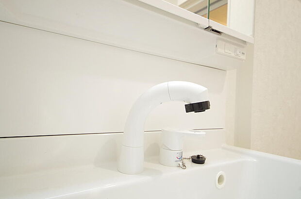 洗面台の給水口はホースが伸びるので朝シャン出来ます。シングルレバーでお湯の温度も楽々調整出来ます。