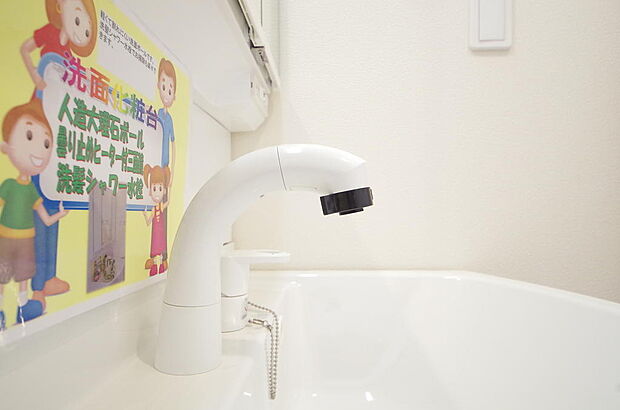 洗面台の給水口はホースが伸びるので朝シャン出来ます。シングルレバーでお湯の温度も楽々調整出来ます。