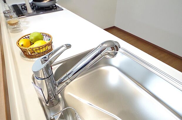 レバー操作一つで水量、温度も調節可能です。また、蛇口には浄水カートリッジも内蔵可能です。